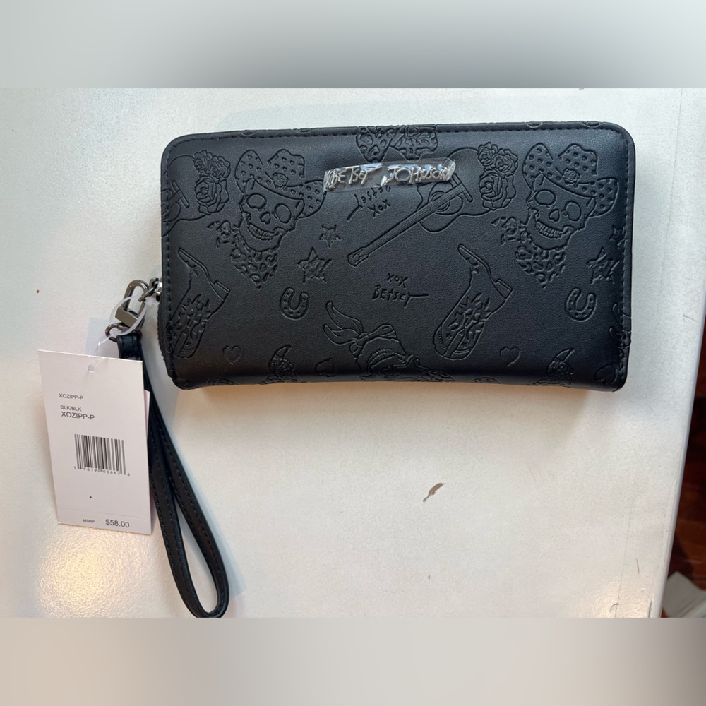 Betsey Johnson Black Embossed Wristlet Wallet with Skulls Cowboy Boots